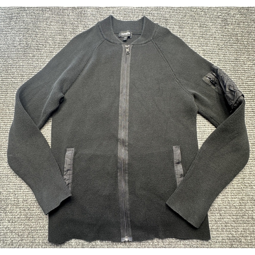 Express Sweater Mens Small Black Full Zip Crew Neck Utility‎ Bomber Pocket Knit